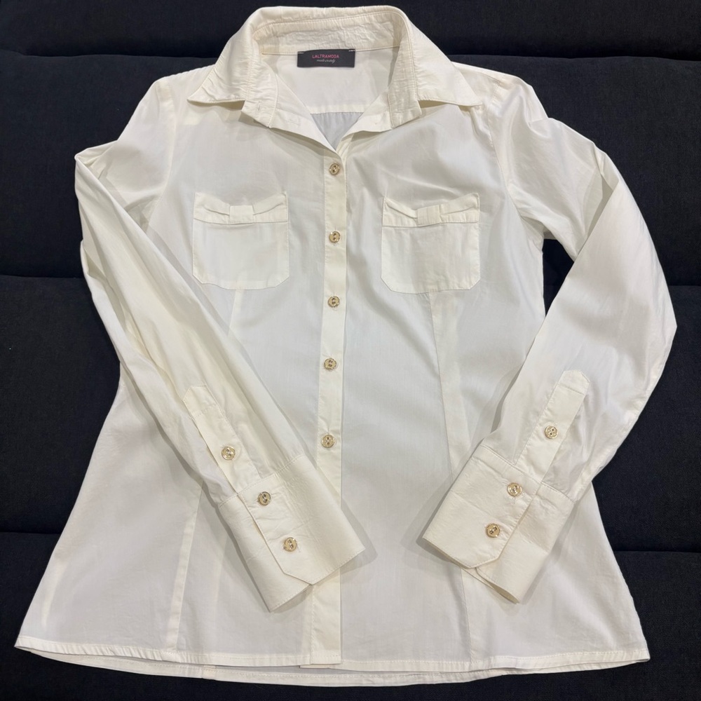 Laltramoda White Button Front Blouse Italy Women’s Size 42 minimalist preppy